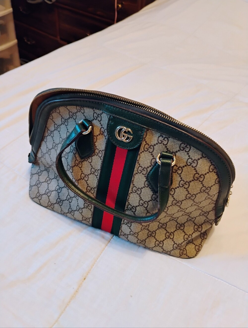 Gucci Beige GG Canvas Satchel with Green & Red Web Stripe